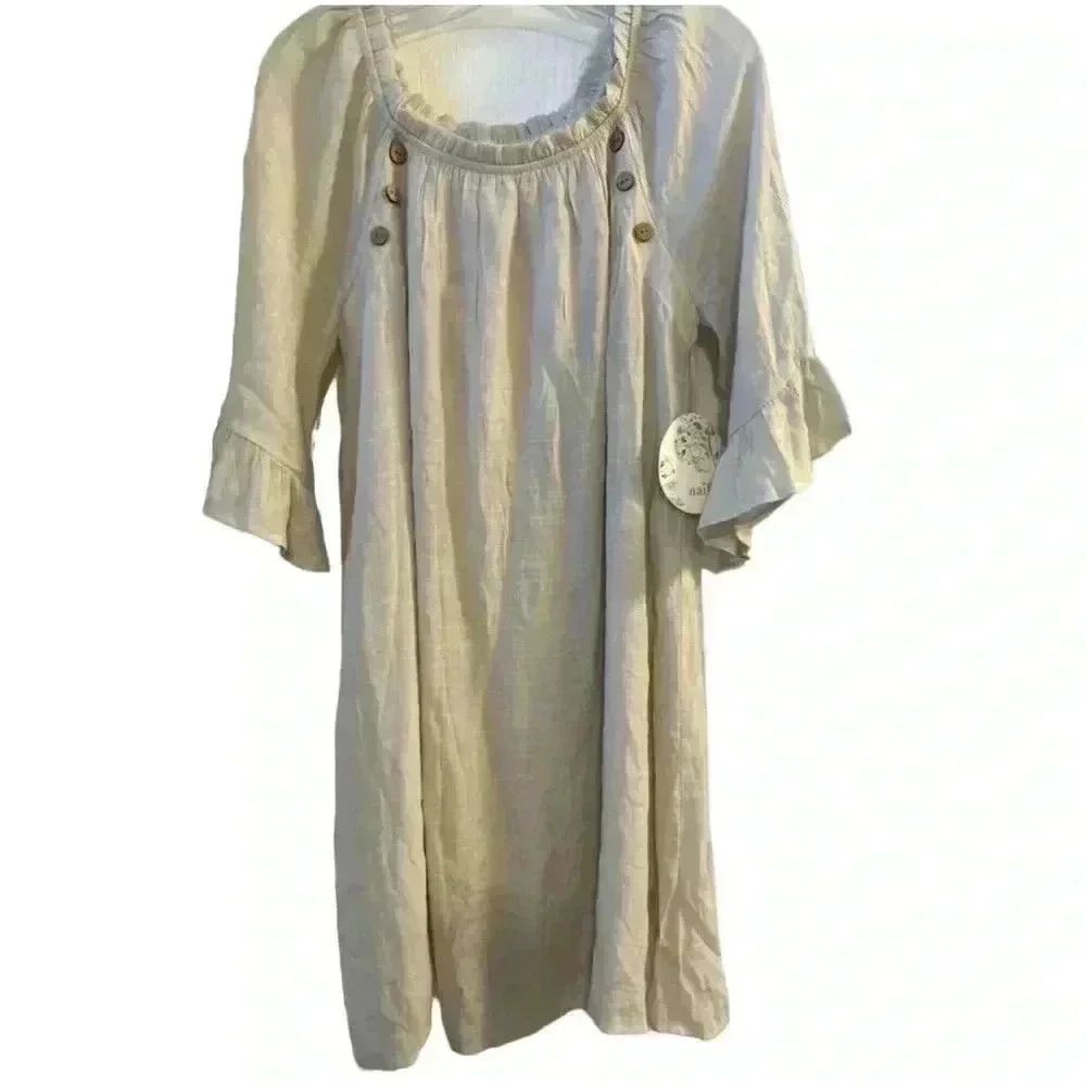 Naif Crinkle 3/4 Sleeve‎ Ruffle cottagecore boho Shift Dress- Beige/off-white M